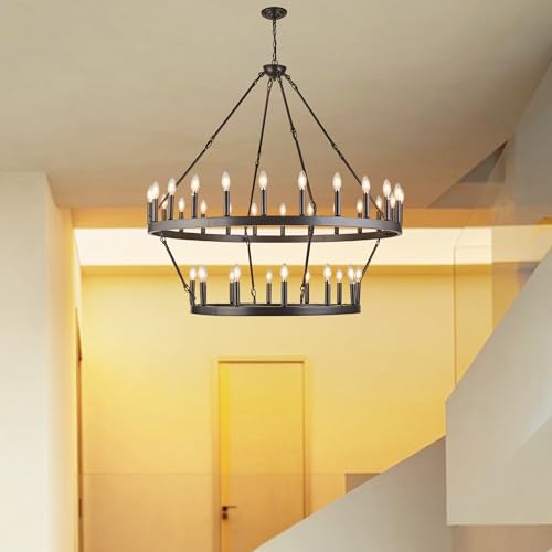 Rustic Farmhouse Wagon Wheel Chandelier Large Chandeliers for High Ceilings Oil Rubbed Bronze 2 Tier 36 Lights 48 Inch for Dining Room Living Room Foyer Porch Kitchen Island