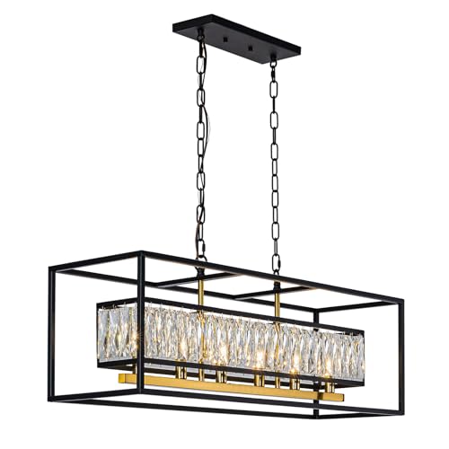 Modern Black and Gold Rectangle Crystal Chandeliers for Dining Room