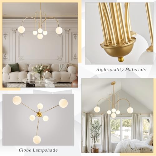 Modern 40" 6 Light Gold Sputnik Chandelier with Milk Glass Globe