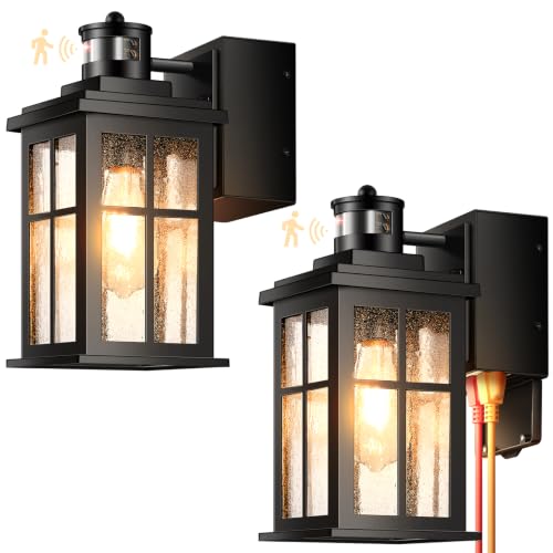 Black 2 Pack Motion Sensor Outdoor Lights for House with Outlet (2 Count)