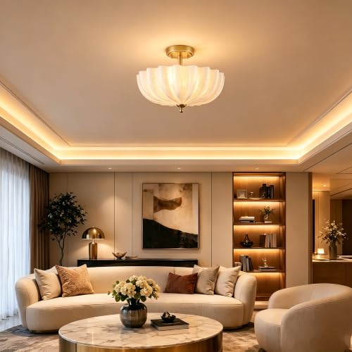 Modern Gold Milky Crackle Glass Semi Flush Mount Ceiling Light