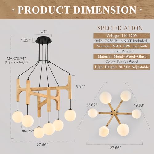 Natural 6 Light Wooden Chandelier with Milk Glass Globe L28 Inch