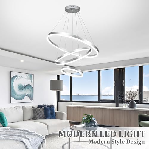 31.5" Nickel Modern Led Chandelier 3 Ring Modern Led Pendant Light Contemporary Ring Chandeliers Dimmable Chandeliers Color Temperature Adjustable Height Hanging Chandelier for Entryway
