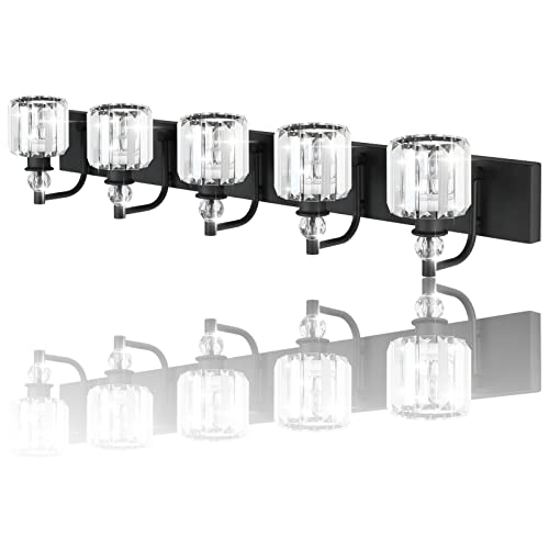 Crystal Black Vanity Light Fixtures 5 Light Crystal Bathroom Light Fixtures Over Long Mirror Modern Matte Black Bath Wall Lights