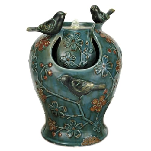 Blue Verdigris Bird Indoor Water Fountain with LED Light and Pump