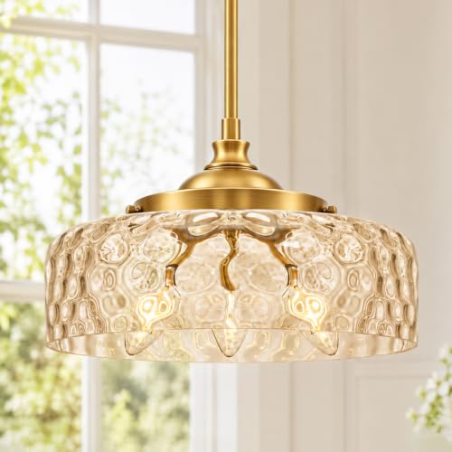 Gold 3 light Pendant Lights Kitchen Island with Hammered Glass over Sink
