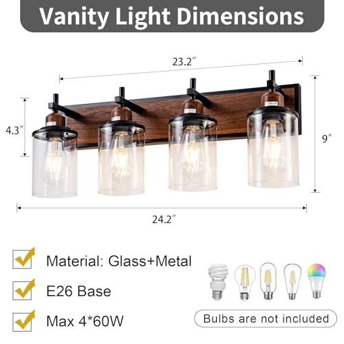 4 Light Farmhouse Bathroom Light Fixtures Vintage Bathroom Vanity Lights Over Mirror Black and Wood Painted Metal Vanity Light for Bathroom with Glass Shades E26 Socket