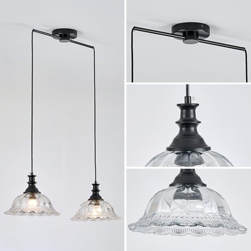 2 Light Pendant Light Fixtures Modern Glass Hanging Lights with Adjustable Cord for Kitchen Island Dining Room Living Room Hallway Black and Clear
