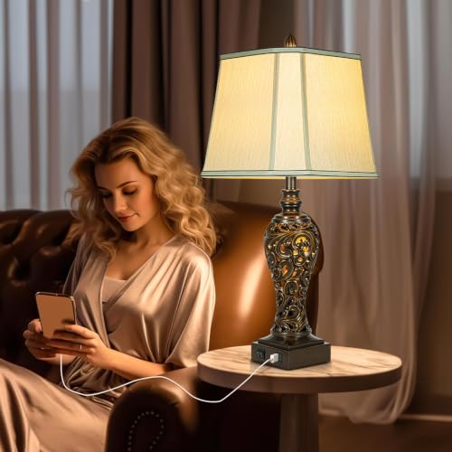 28.5" High Vintage Brown Table Lamps Set of 2 with Night Light (2 Count)