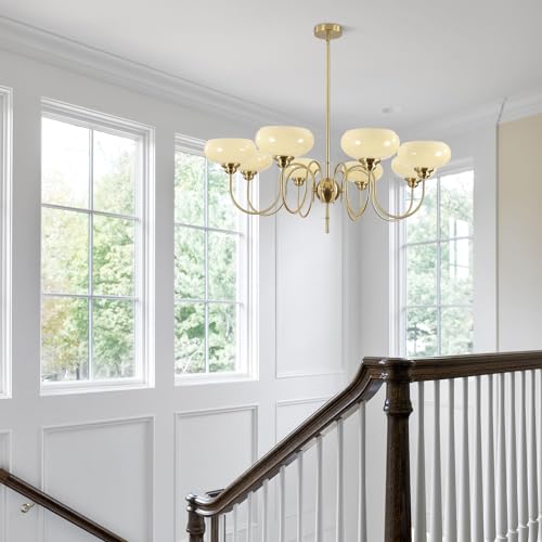 Large 8 Light Chandelier Modern Sputnik Chandeliers Flush Mount Ceiling Lights Cream Adjustable Height Pendant Lighting Vintage Gold Chandeliers with Light Yellow Glass Classic Ceiling Light
