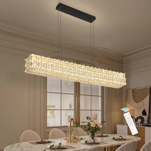 Rectangular Crystal Chandelier with Dimmable LED Lights Dining Room Remote Ceiling Pendants Lighting Fixtures for Kitchen Island Matte Black