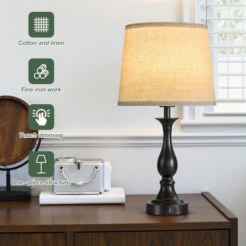 Bedside Table Lamp Touch Control Bedroom Lamps with USB A + C Charging Port 3 Way Dimmable Touch Lamps for Nightstand Living Room Bedroom Dorm Home Office Reading (2 Count)