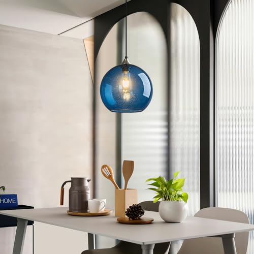 Blue Glass Pendant Lights Kitchen Island Lighting Globe Pendant Light Fixtures Modern Pendant Lighting for Kitchen Island Bedroom Living Dining Room Light Fixture (3 Count)