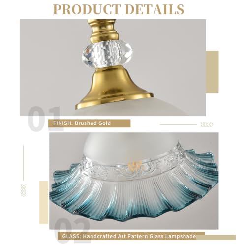 1 Pack Vintage Brushed Gold Crystal Blue Glass Pendant Light Fixture (Golden And Blue / 1-Light)