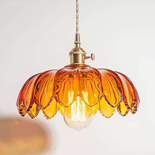 Amber Glass Pendant Light Fixtures Medium 9.8 Inches Lampshade Gold Brass Finish and Switch Vintage Pendant Ceiling Lamp Copper Pendant Lighting