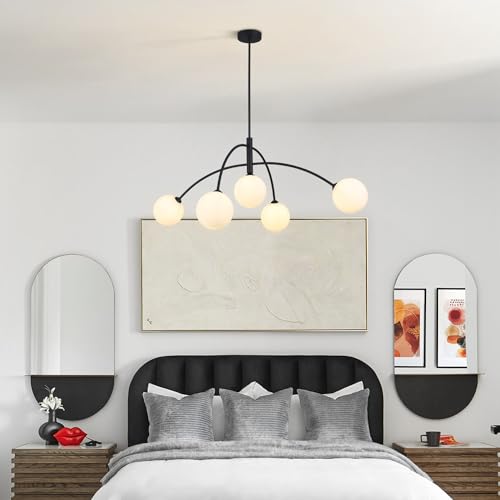 Mid Century Chandelier Black Ceiling Light 5 Light Sputnik Light Fixture with White Glass Globe Adjustable Modern Sputnik Chandelier for Dining Room Kitchen Bedroom…