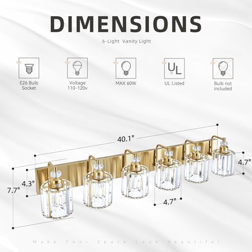 6 Light Modern Vanity Lights Brushed Brass Bathroom Light Fixtures Over Mirror Gold Bathroom Vanity Lighting with Crystal Shade E26 Base Wall Sconce for Bedroom Living Room Restroom Wall Lamp