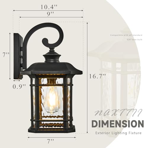 Matte Black Outdoor Wall Lights 16.7 Inch Height Waterproof Outdoor Wall Sconce Exterior Wall Light Fixtures with Water Ripple Glass for Garage Patio Front Door