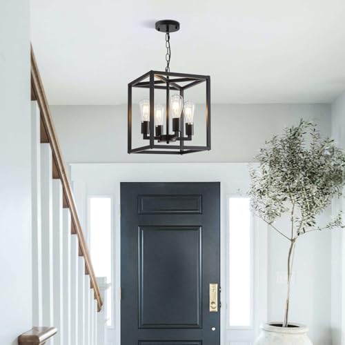 4 Light Farmhouse Chandelier Fixture Rustic Industrial Pendant Lighting Adjustable Height Metal Cage E26 Hanging Lights for Kitchen Island