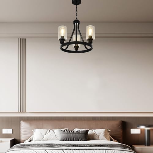 Black Farmhouse Chandelier Lighting Round 3 Lights with Glass Shade Ceiling Hanging Vintage Rustic Light Fixture for Dining Room Living Room Foyer Porch Kitchen Island
