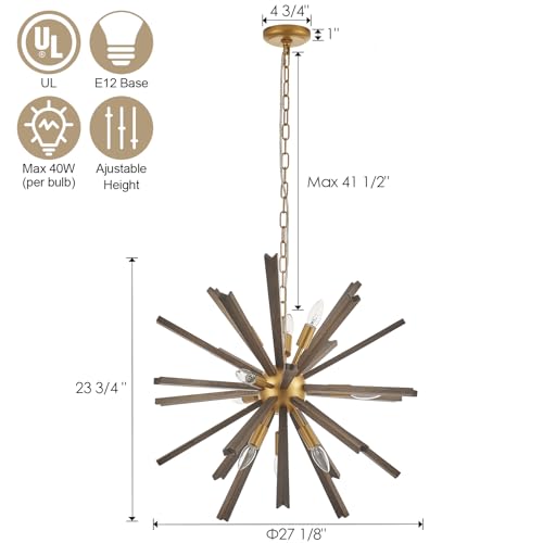 9 Light Wood Sputnik Chandelier for Entryway (9 Count)