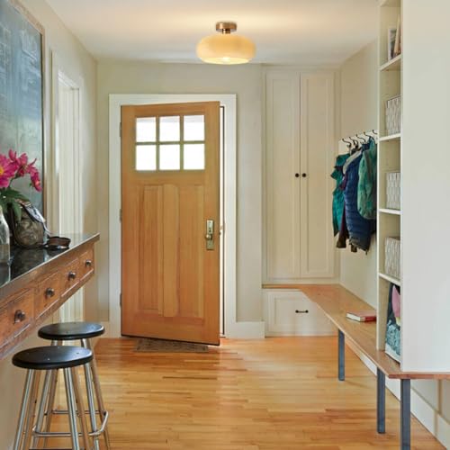Brass Flush Mount Ceiling Light Mid Century Modern Ceiling Light fixtures Brushed Gold Milk Yellow Glass Semi Flush Mount Ceiling Light Farmhouse Hallway Dining Room Ceiling Lamp