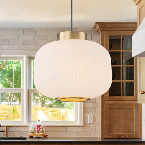 EDSILIVE White Glass Pendant Lights Kitchen Island 11.81" Antique Lantern White Glass Hanging Ceiling Light Fixture with Adjustable Wire for Dining Room Kitchen Table