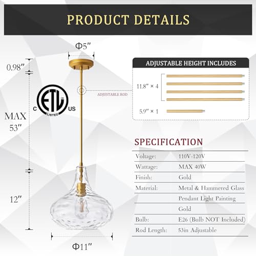 11" Clear Hammered Glass Pendant Light