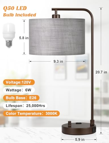 Grey Tall Lamp for Bedroom with USB Port and Outlet
