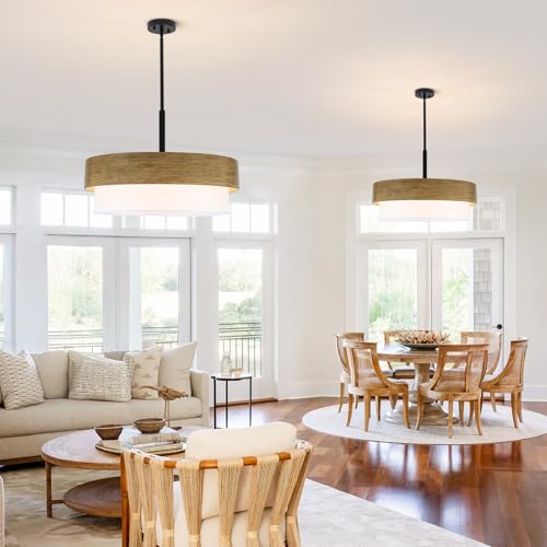 23.6" Large Wood Texture Drum Chandelier for Dining Room with White Fabric
