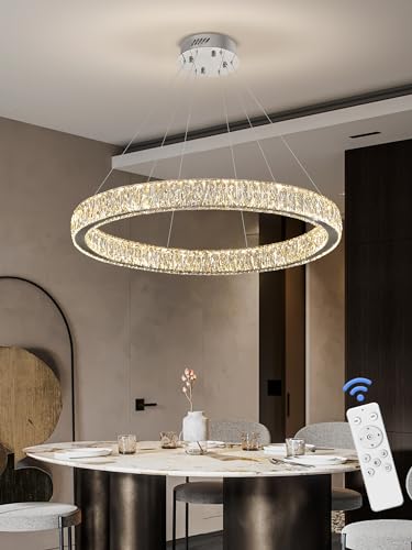 Modern LED Dimmable Crystal Chandelier 31.5" Ring Pendant Light Adjustable Round Chrome Crystal Chandelier Light Fixtures for Dining Room Living Room