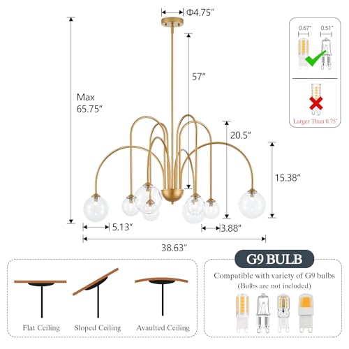Modern Gold Sputnik Chandelier Light Fixture 8 Lights Luxury Clear Globe Glass Chandeliers Large MId Century Ceiling Pendant Light for Dining Room Foyer Living Room Bedroom