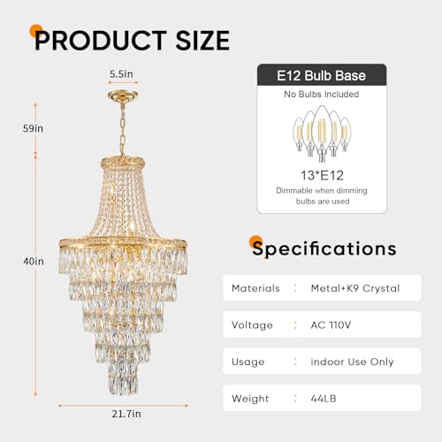 Gold Crystal Chandeliers 13 Lights Luxury Modern Chandelier for High Ceilings Large Pendant Light Fixture Foyer Staircase Hallway Entryway Living Room Hall Lobby 40" H x 21.7" D (13 Count)