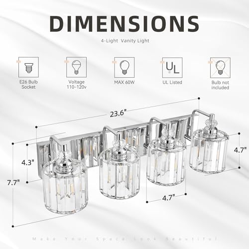 4 Light Modern Bathroom Light Fixture Chrome Bathroom Vanity Lights Over Mirror Wall Sconce Lighting with K9 Crystal Shades E26 Base for Bedroom
