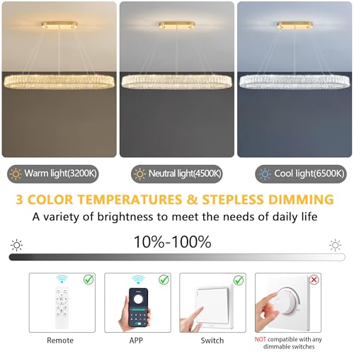 Modern Oval Crystal Chandelier for Dining Room Dimmable LED Chandeliers Rectangular Pendant Light Fixture with Remote for Living Room Kitchen Island Gold