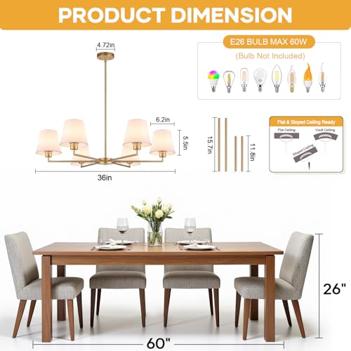 Brass Gold Chandeliers for Dining Room, 36" 6 Light No Assembly Required Antique Modern Gold Chandelier Light Fixture with White Fabric Shade, Classic Kitchen Pendant Lights over Table for Bedroom
