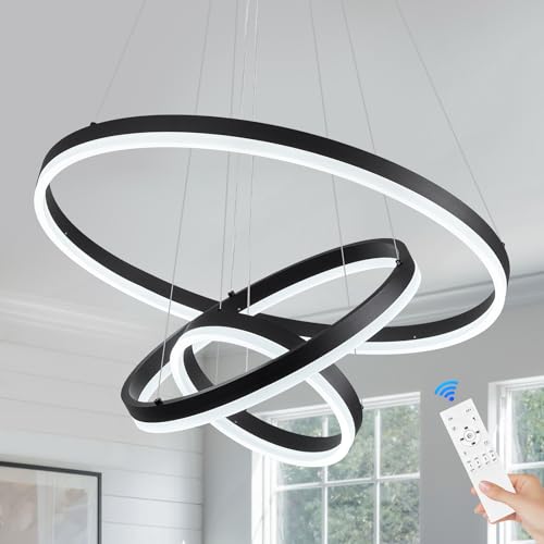 3 Rings Modern LED Chandelier Black Dimmable Pendant Lighting with Remote Control Circular Flush Mount High Ceiling Light for Dining Room Living Room Entrance Foyer