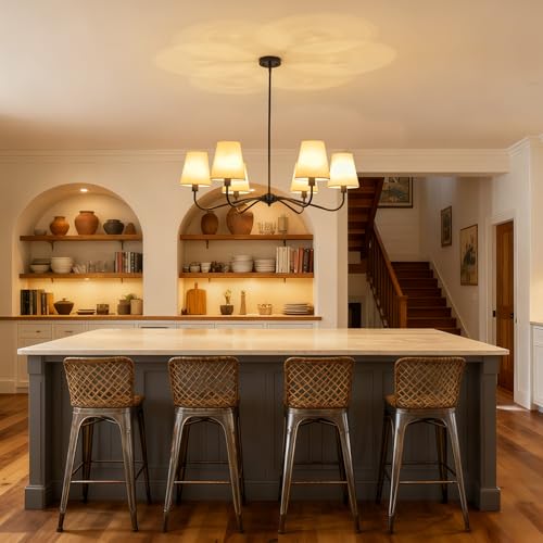 Black Farmhouse Chandeliers Over Table with White Fabric Shade