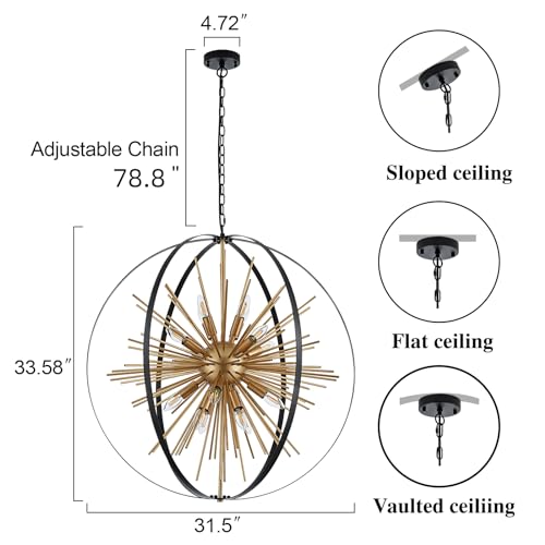 31.5" Black Gold Large Globe Sputnik Chandelier
