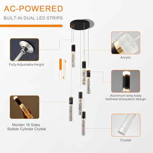 6-Lights Led Chandelier, Black and Gold Crystal Modern Led Chandelier for Dining Room, Luxury Dimmable Enterway Led Pendant Lights Fixture with Remote Control Flush Mount
