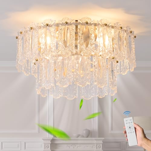 Crystal Caged Ceiling Fan with Light Flush Mount (20inch Gold Crystal Caged Ceiling Fan with Light)