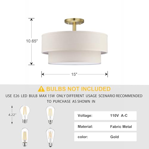 3 Light 15" Cream Fabric Gold Semi Flush Mount Close to Ceiling Light Fixture