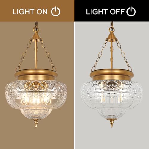 3 Light Brushed Antique Brass Pendant Light Fixtures with 12In Unique Thickened Glass