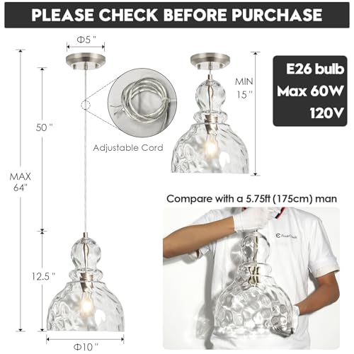 Brushed Nickel Pendant Light for Kitchen Island Hammered Glass Pendant Island Light 10inch Modern Glass Pendant Lights for Kitchen Sink Dining Room Hallway Entrance