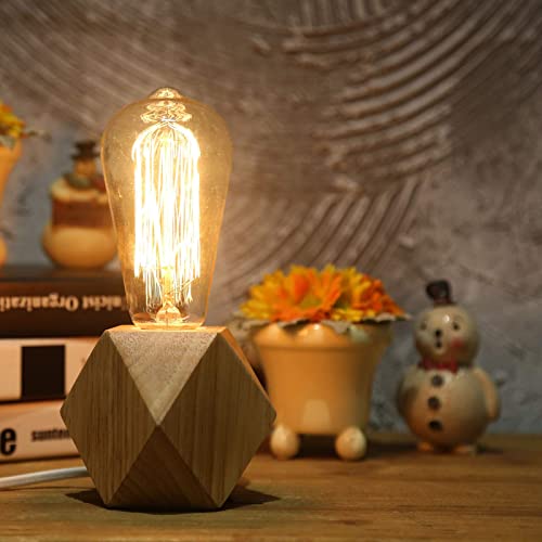 Small Wood Table Lamp Edison Bulb Dimmable Desk Lamp E26 60W Industrial Night Light Boho Deco for Bedroom