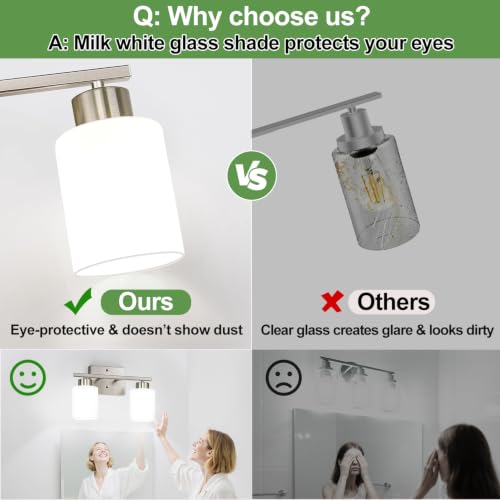 Brushed Nickel Bathroom Light Fixtures with Milk Glass Shades