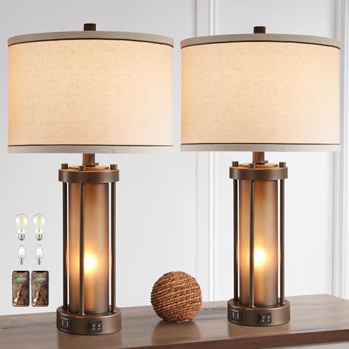 Set of 2 Farmhouse Table Lamps for Living Room with 2 USB Charging Ports (2 Count)