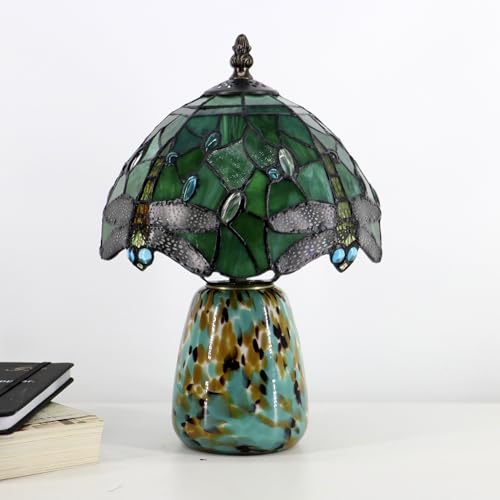 Tiffany Mushroom Table Lamp Dragonfly Style Green Stained Glass Accent Lamp Brown Blue Glass Base 8X8X12 Inch