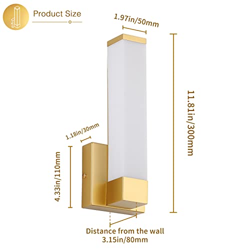 Gold Wall Lights for Bedroom Modern Indoor LED Hallway Sconces Corner Light 12" Inch Height 12W 4000K Bedside Stair Sconces Wall Lighting Lamps 110V AC