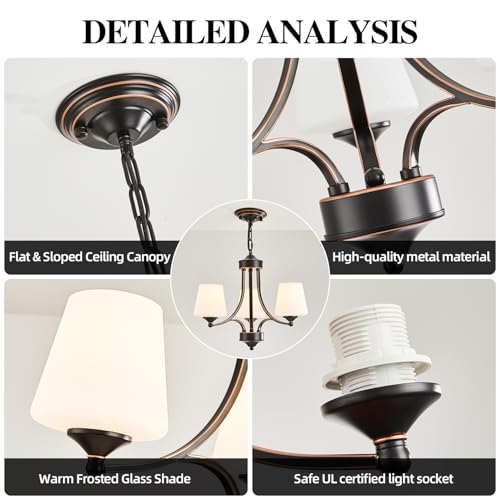 3 Light Farmhouse Chandelier with Milk White Frosted Glass Shades Black Dining Room Light Adjustable Height Ceiling Hanging Light Fixtures for Dinner Table